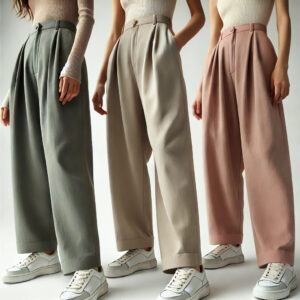 Pantalon fluide pour femme Atelier Nüma, coupe droite en tissu naturel bleu, porté dans un environnement lumineux et épuré.