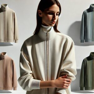 Veste zippée femme en TENCEL™ modèle Caro, coupe droite en Tencel, porté en intérieur sur fond naturel.