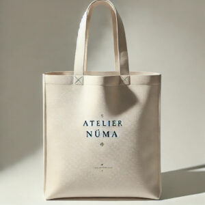 Tote bag en coton biologique épais Atelier Nüma, coloris beige naturel, avec logo sérigraphié sur fond neutre.