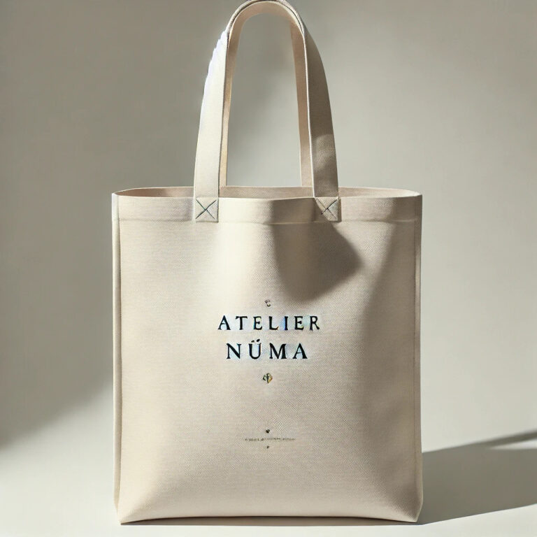 Tote bag en coton biologique épais Atelier Nüma, coloris beige naturel, avec logo sérigraphié sur fond neutre.