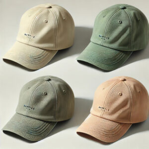 Quatre casquettes unisexes en coton biologique, coloris naturels beige, sauge, kaki et rose terre, posées à plat sur fond neutre.