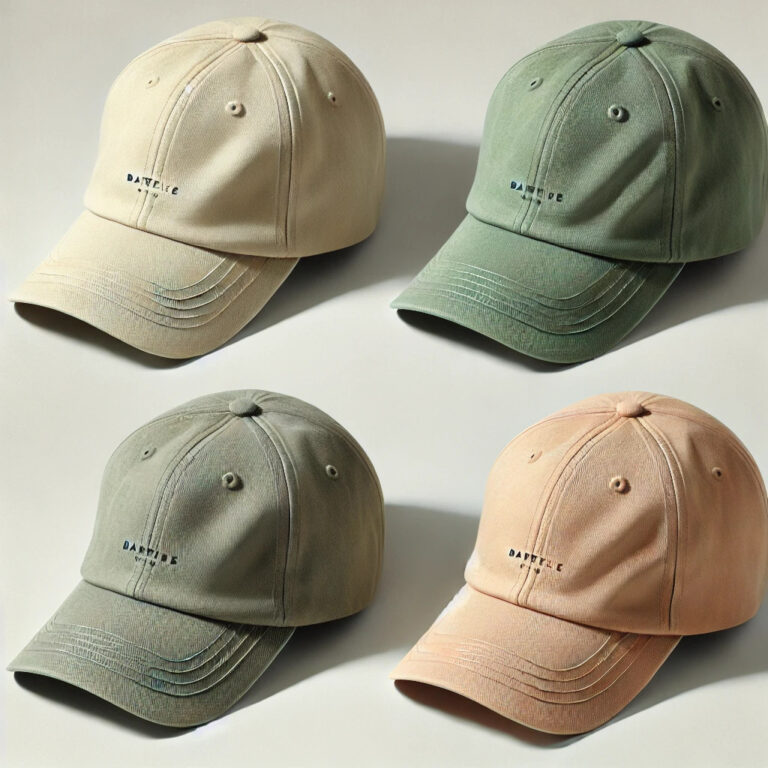 Quatre casquettes unisexes en coton biologique, coloris naturels beige, sauge, kaki et rose terre, posées à plat sur fond neutre.